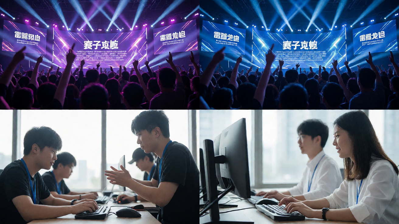 电子竞技赛事现场，舞台灯光璀璨，观众热情高涨